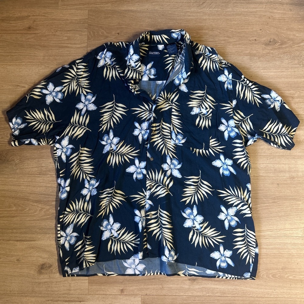 Puritan Mens 2XL Hawaiian Shirt Navy Blue Floral Palm Leaf Viscose Rayon Aloha